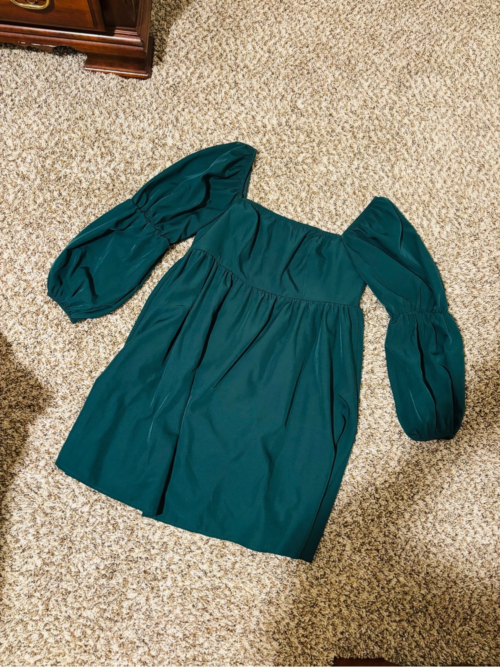 Square-Neck Puff Sleeve Mini Dress in Deep Teal
